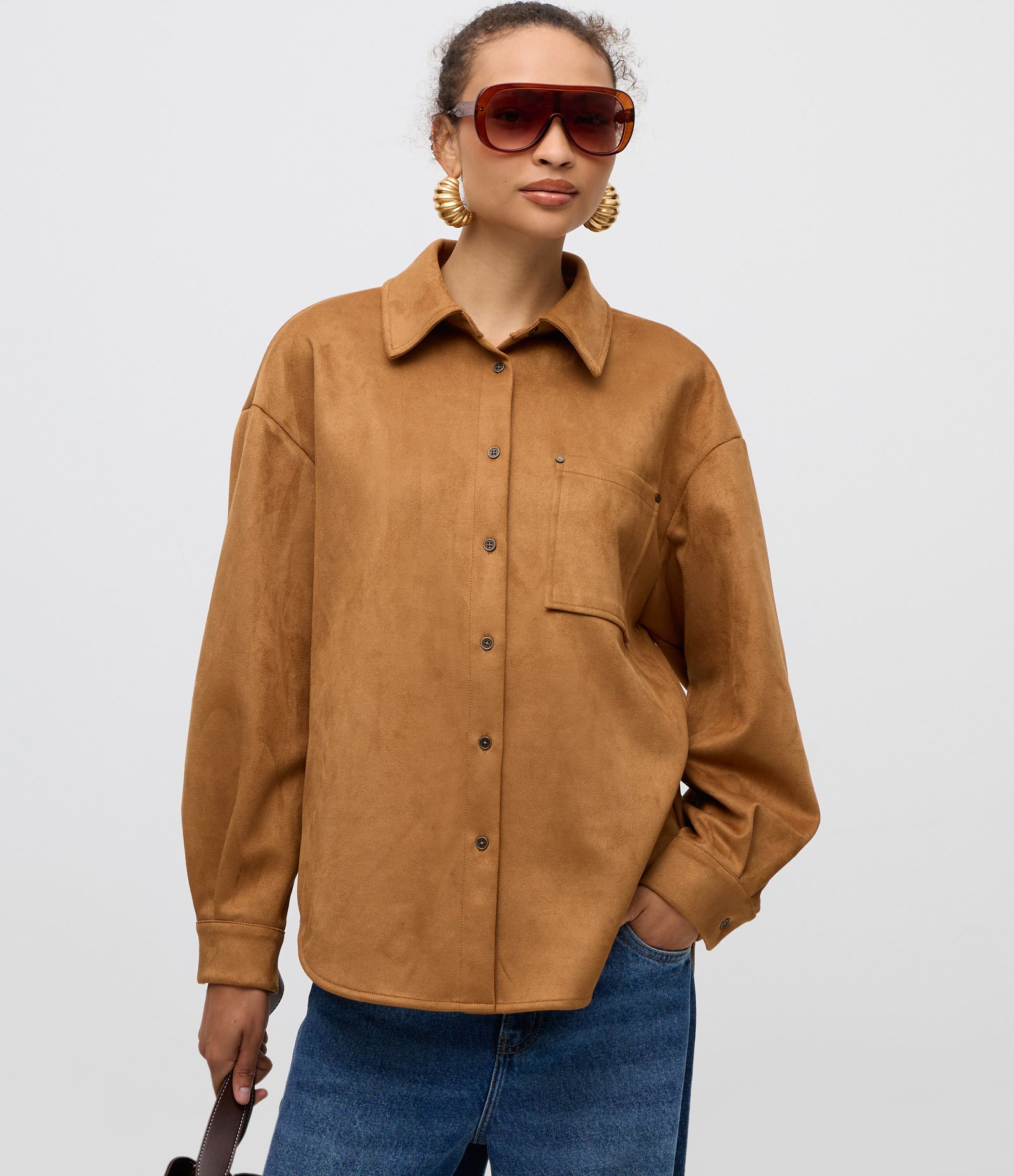 Camisa em Suede com Mangas Longas e Bolsinho Caramelo 3