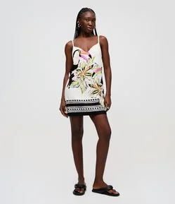 Vestido Curto em Viscolinho com Alcinhas e Estampa de Tucano