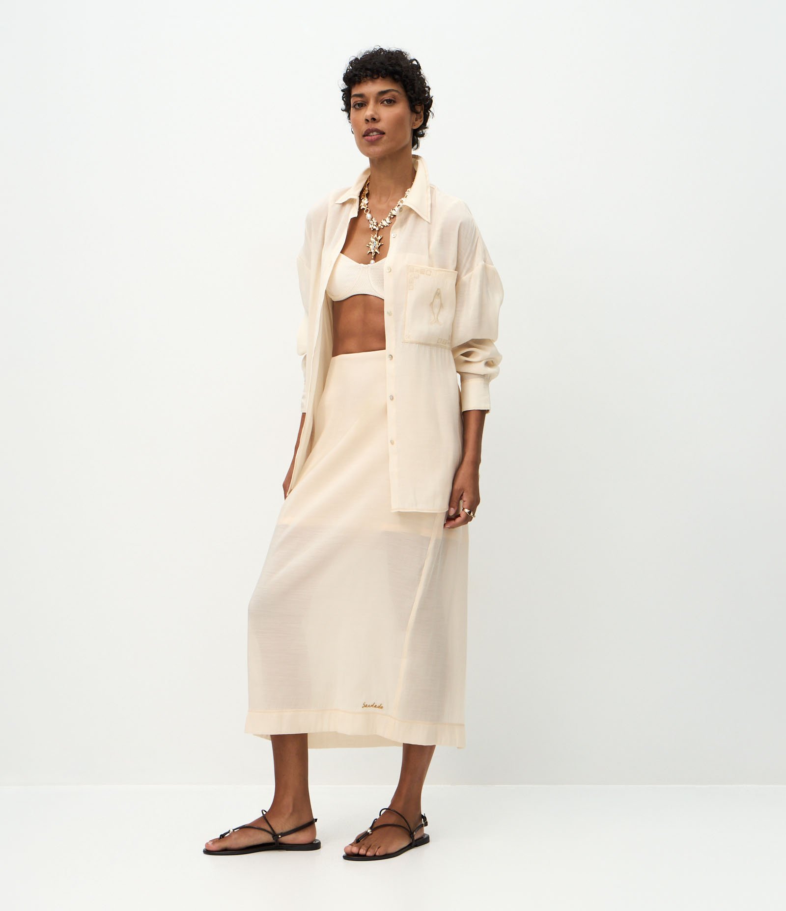 Saia Midi em Chalis de Tencel com Zíper Invisível Bege 1