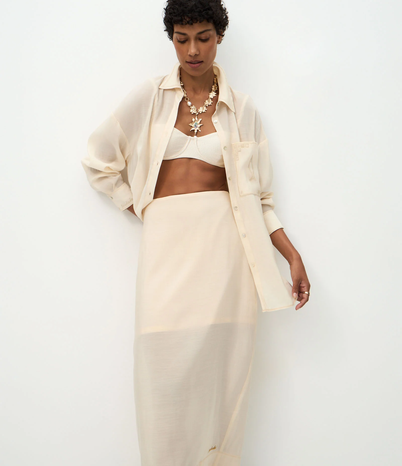 Saia Midi em Chalis de Tencel com Zíper Invisível Bege 2