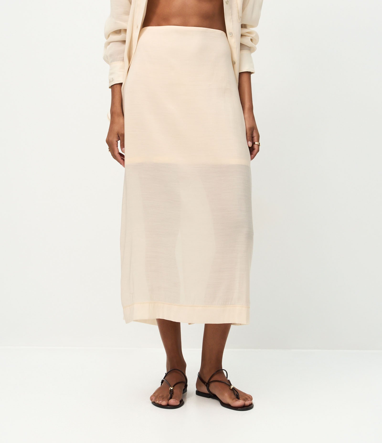 Saia Midi em Chalis de Tencel com Zíper Invisível Bege 3