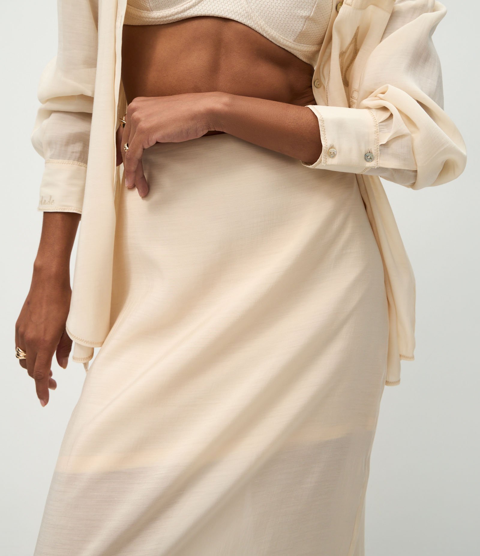 Saia Midi em Chalis de Tencel com Zíper Invisível Bege 5