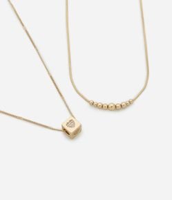 Colar Camadas com Bolinhas e Pingente Quadradinho