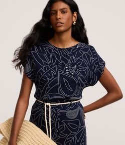 Blusa Canelada em Ribana com Estampa Floral e Folhagem