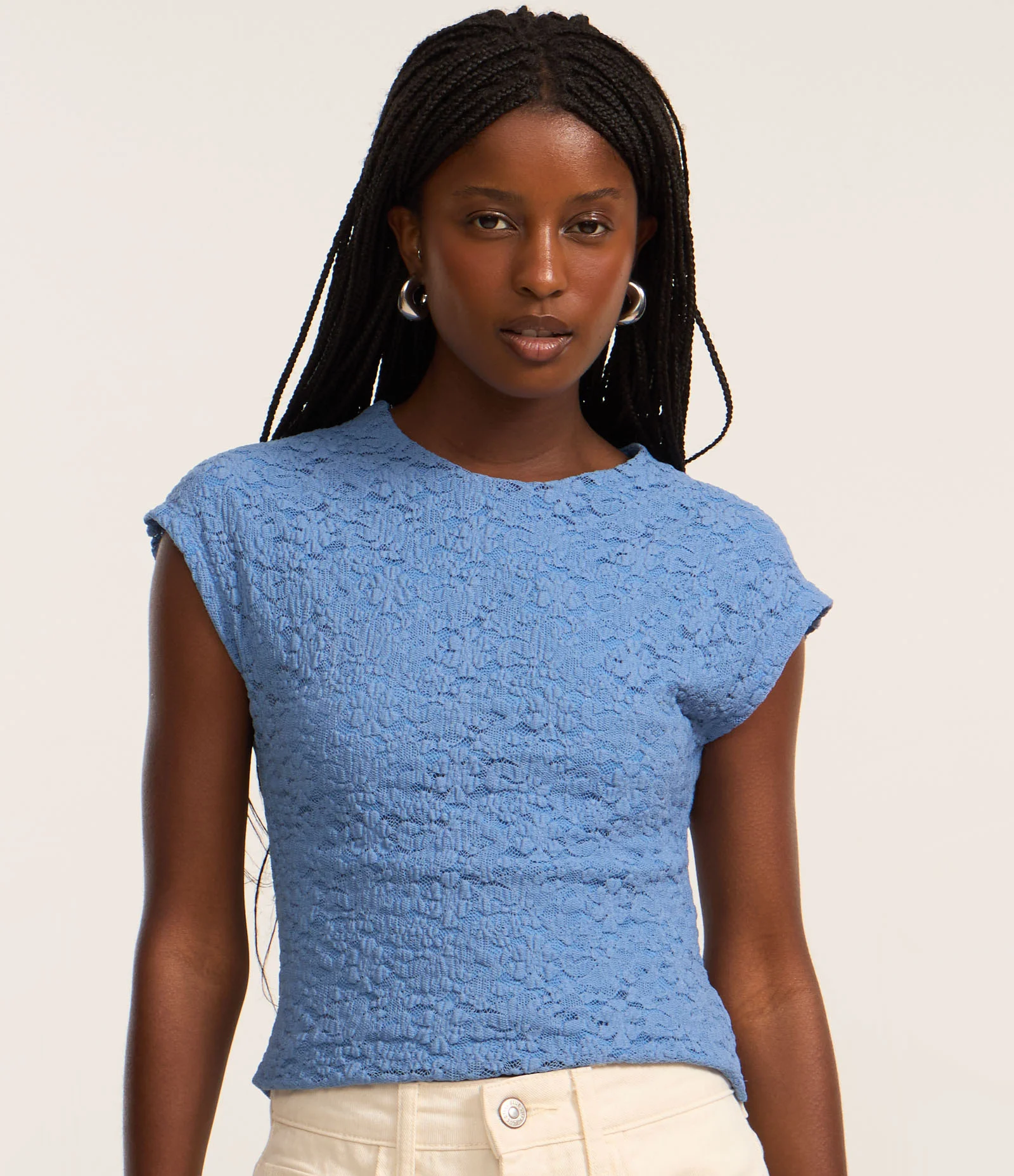 Blusa Regular com Textura e Manga Copinho Azul 3