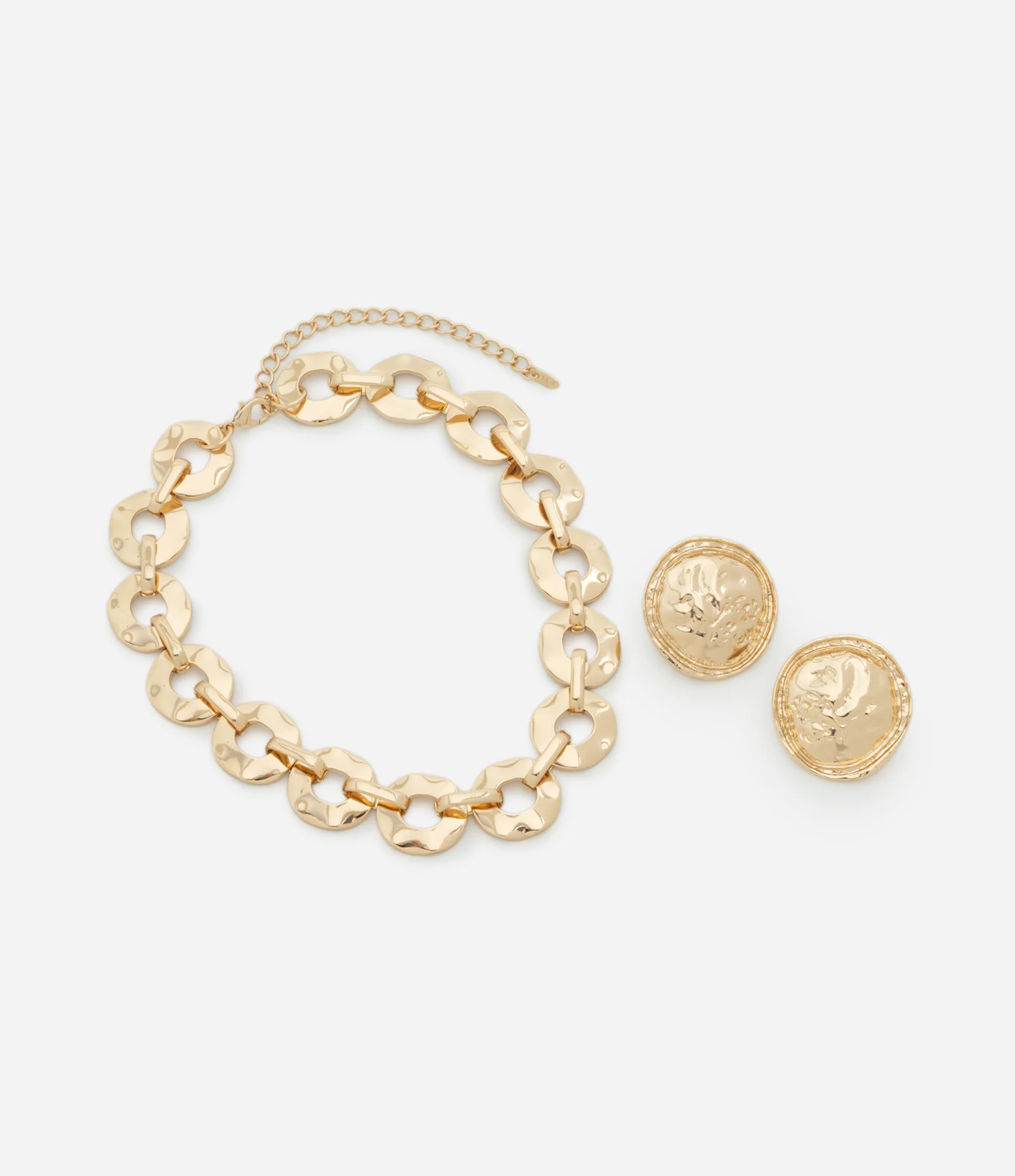 Conjunto de Colar com Corrente de Elos e Brinco Medalha Martelado Dourado 2