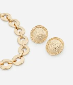 Conjunto de Colar com Corrente de Elos e Brinco Medalha Martelado