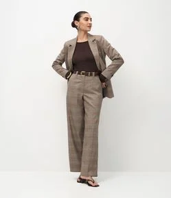 Calça Wide Leg em Alfaiataria com Estampa Xadrez