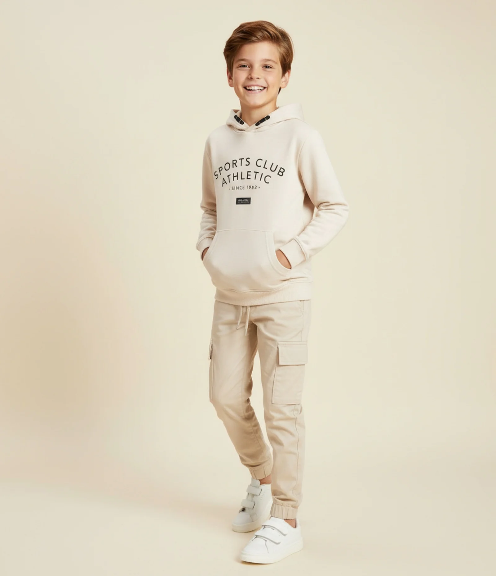 Casaco Infantil em Tech Fleece com Capuz e Bolso Canguru – Tam 5 a 14 Anos Bege Claro 1