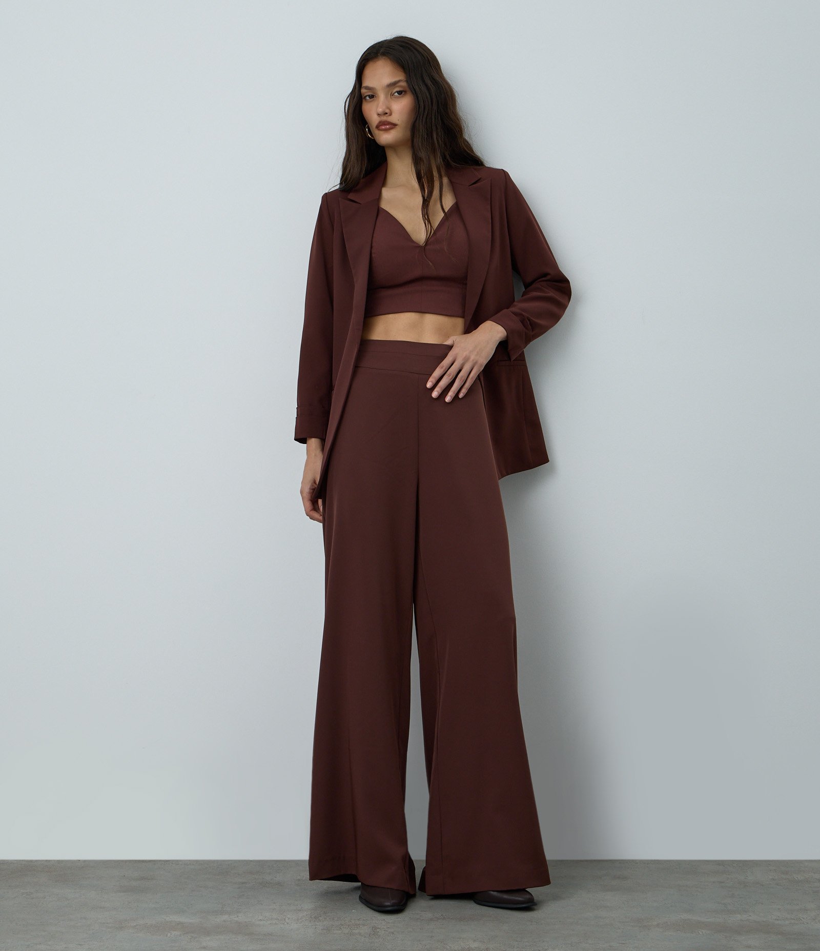 Calça Pantalona Alfaiatada com Cós Liso e Pregas Marrom 1