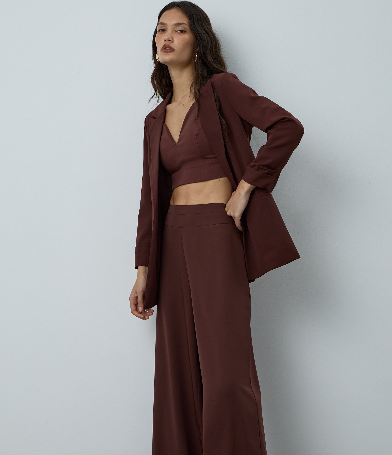 Calça Pantalona Alfaiatada com Cós Liso e Pregas Marrom 2