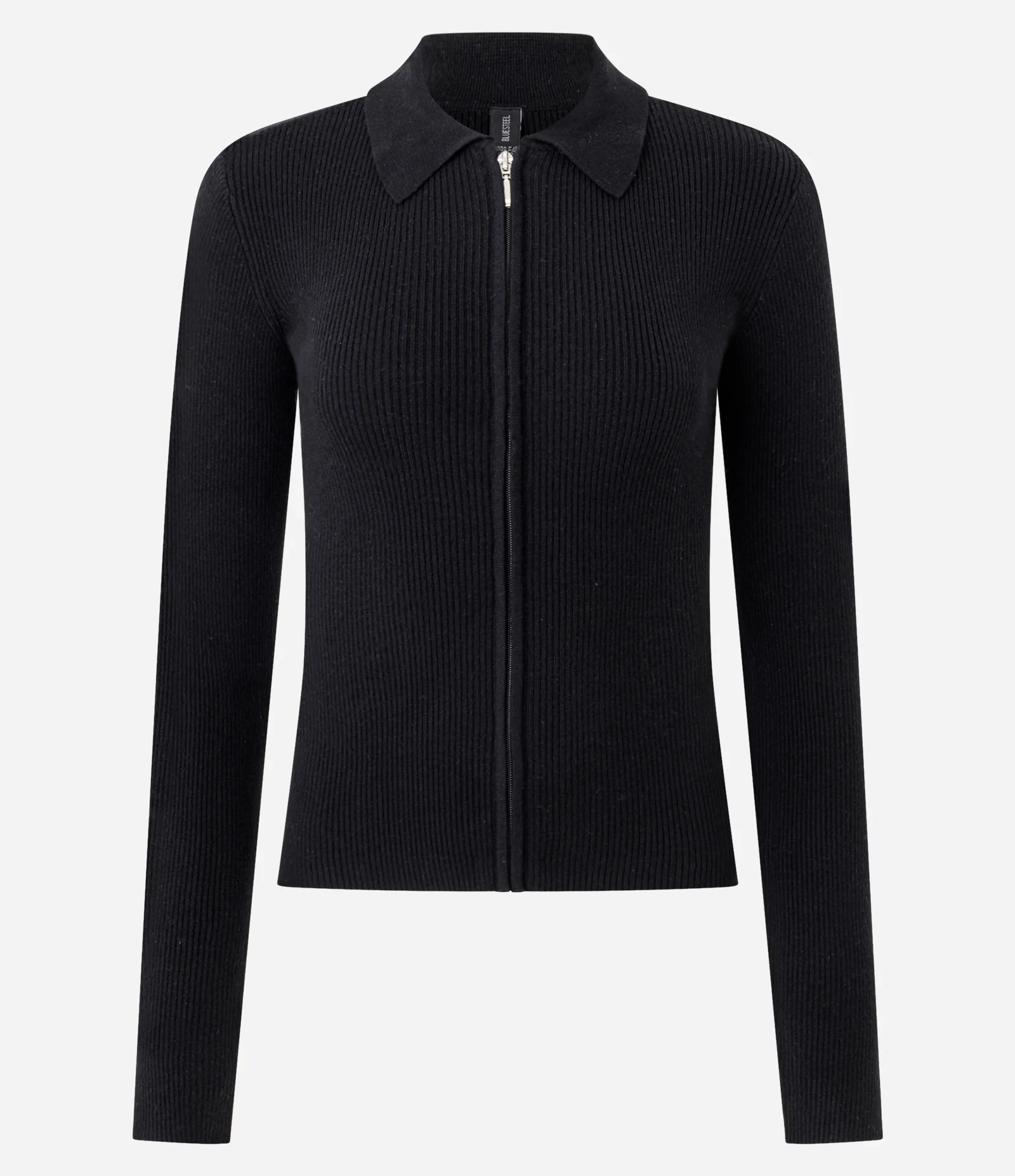 Blusa Manga Longa em Tricô Texturizado com Zíper Frontal Preto 1