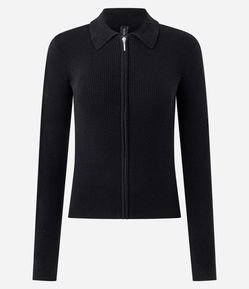 Blusa Manga Longa em Tricô Texturizado com Zíper Frontal