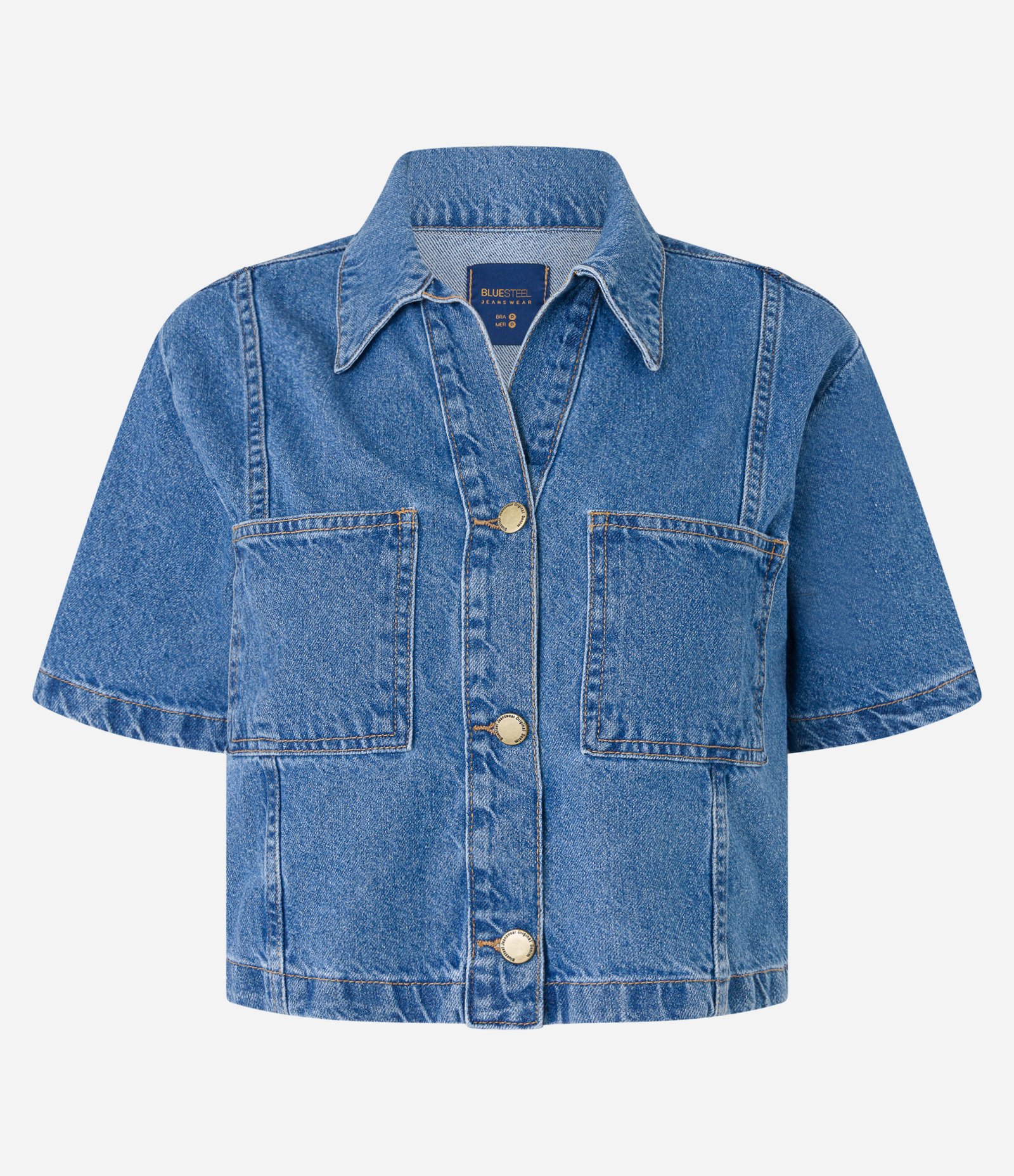 Camisa Cropped em Jeans com Recortes Azul 4