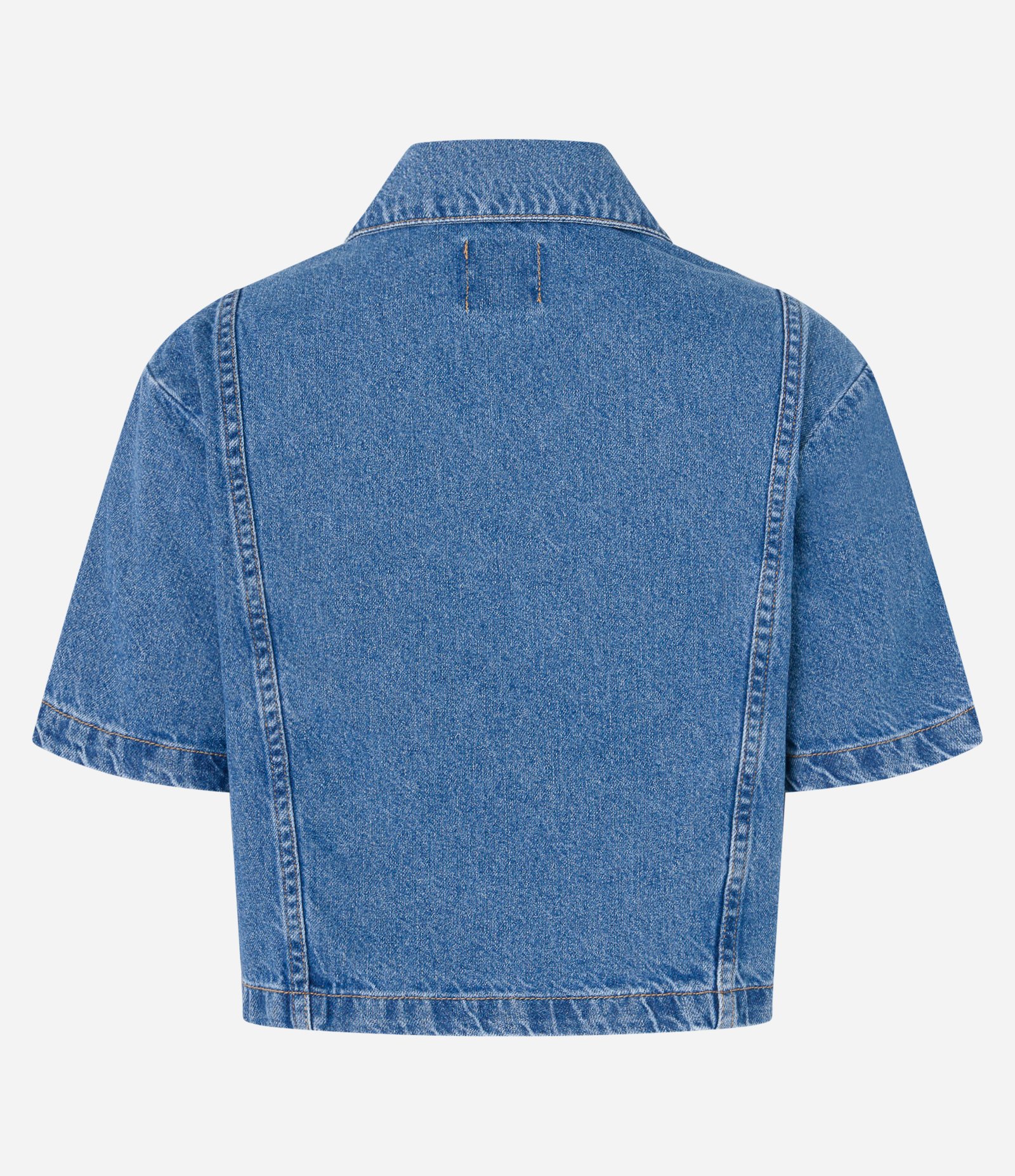 Camisa Cropped em Jeans com Recortes Azul 5