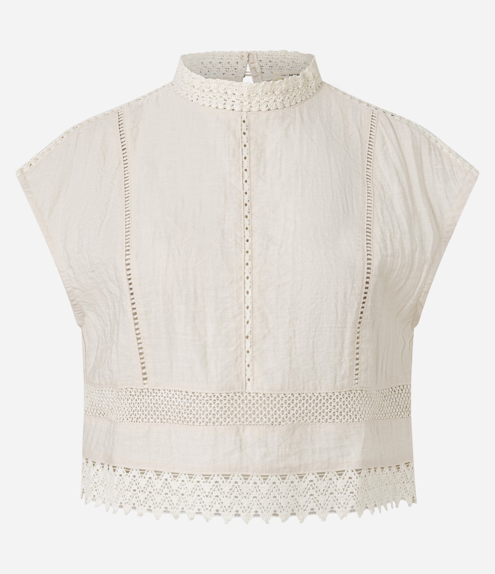 Blusa em Viscose com Gola Padre e Renda na Barra Bege 1