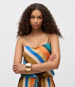 Blusa Sem Manga em Sarja com Listras e Aviamento na Alça