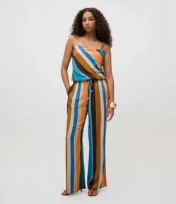 Calça em Sarja com Listras e Amarração com Ponteiras