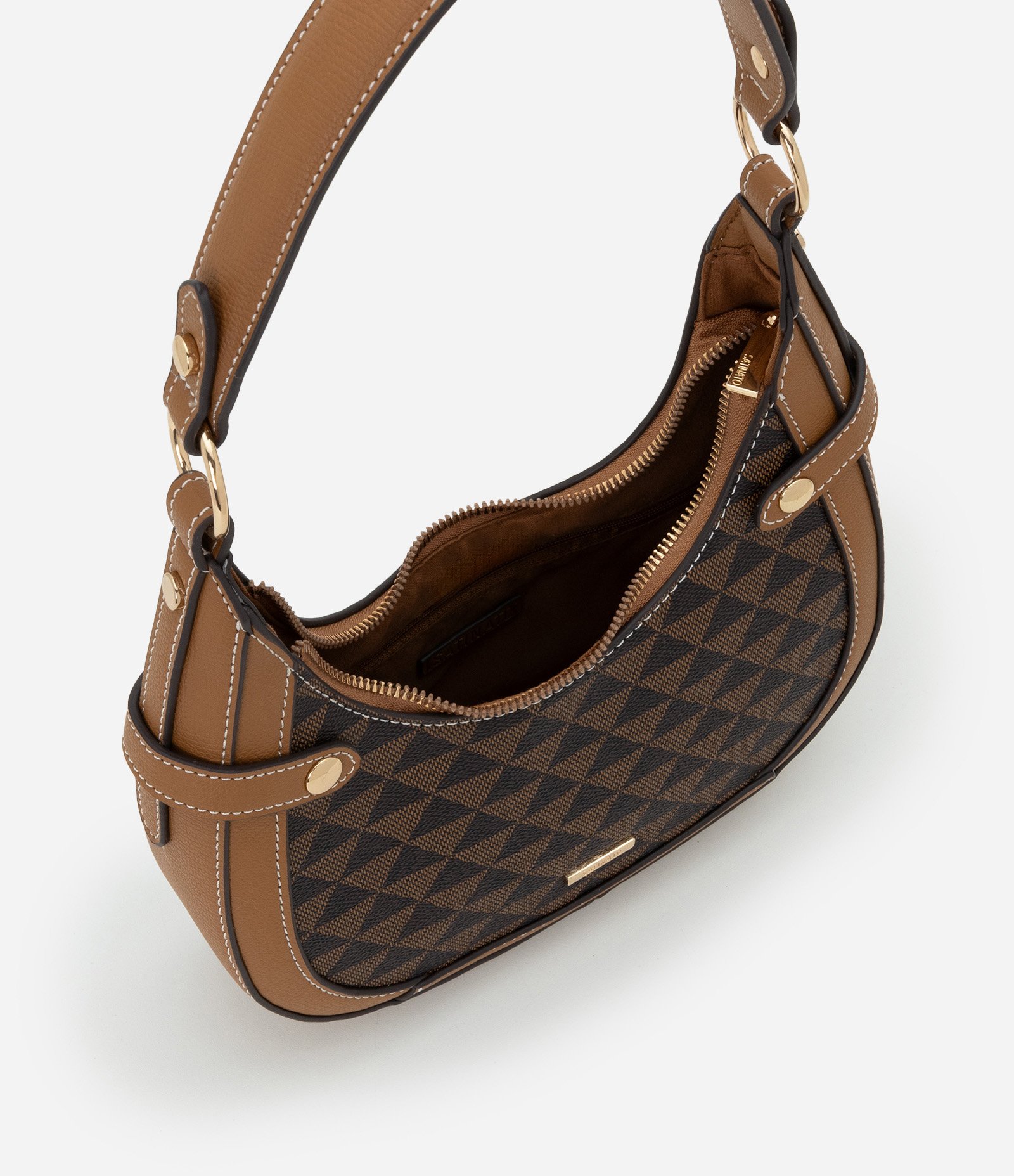 Bolsa Baguete Pequena com Estampa Geométrica Marrom 5