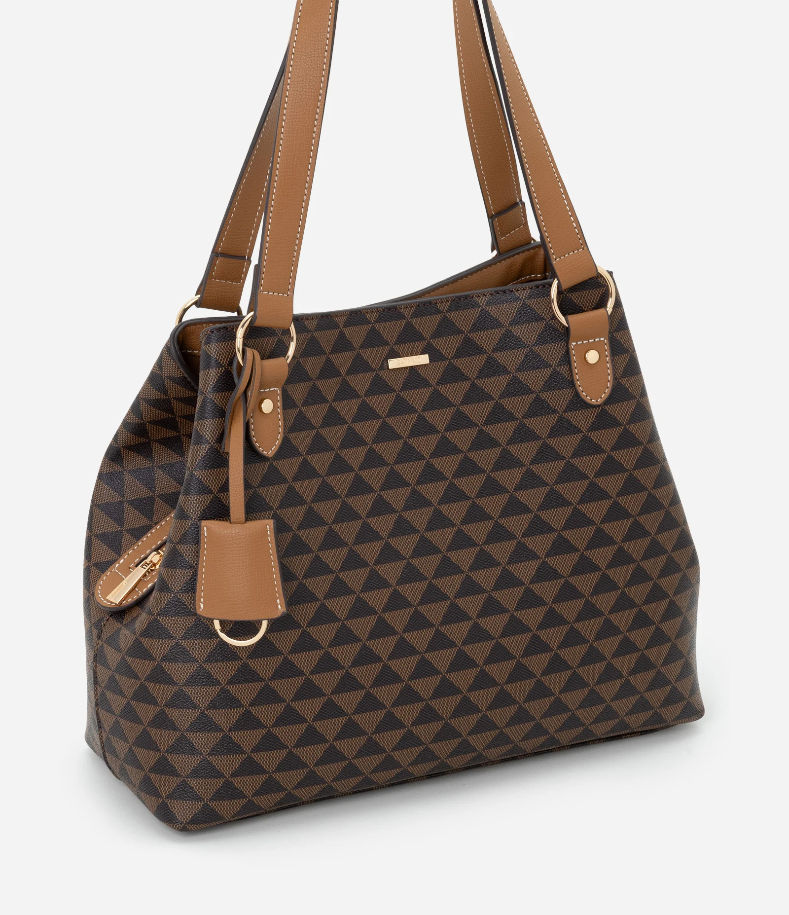 Bolsa Grande Hobo em PU Com Estampa Geométrica Marrom 1