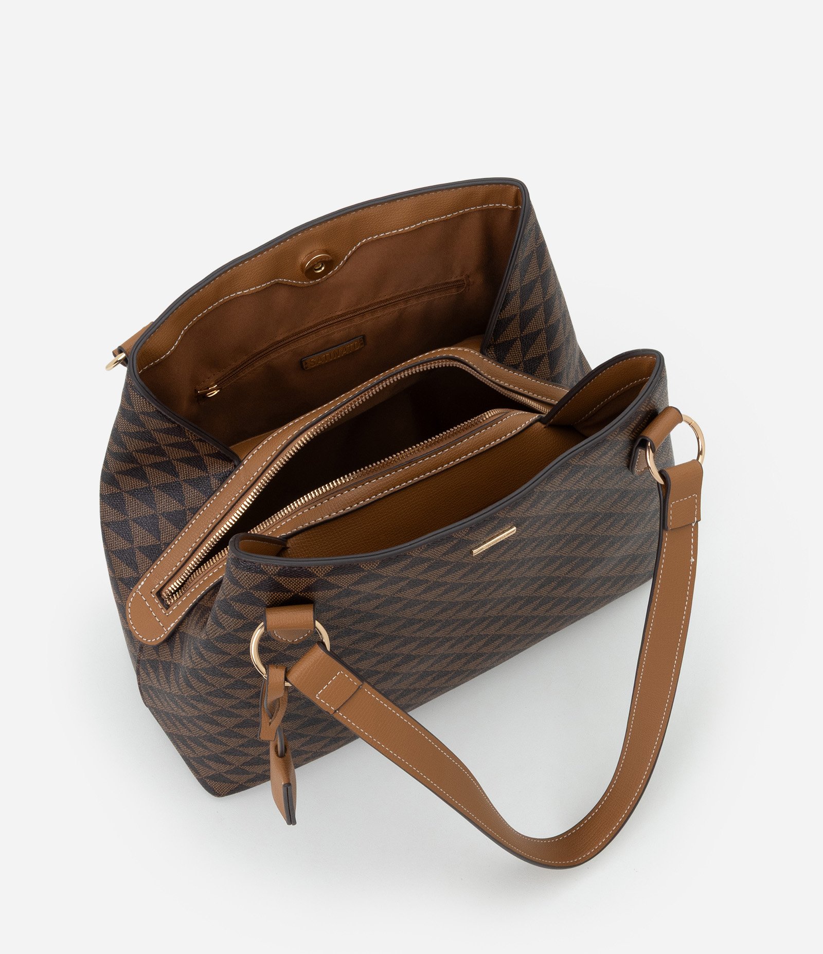 Bolsa Grande Hobo em PU Com Estampa Geométrica Marrom 4