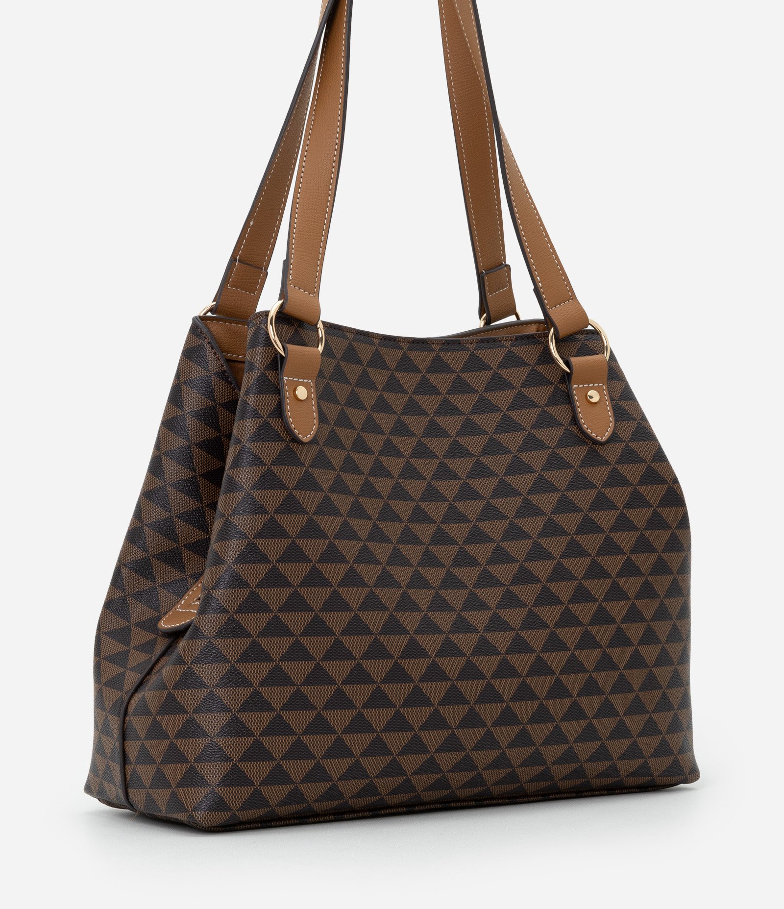 Bolsa Grande Hobo em PU Com Estampa Geométrica Marrom 5