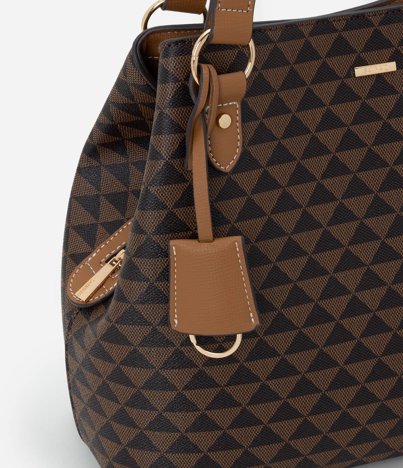 Bolsa Grande Hobo em PU Com Estampa Geométrica Marrom 6