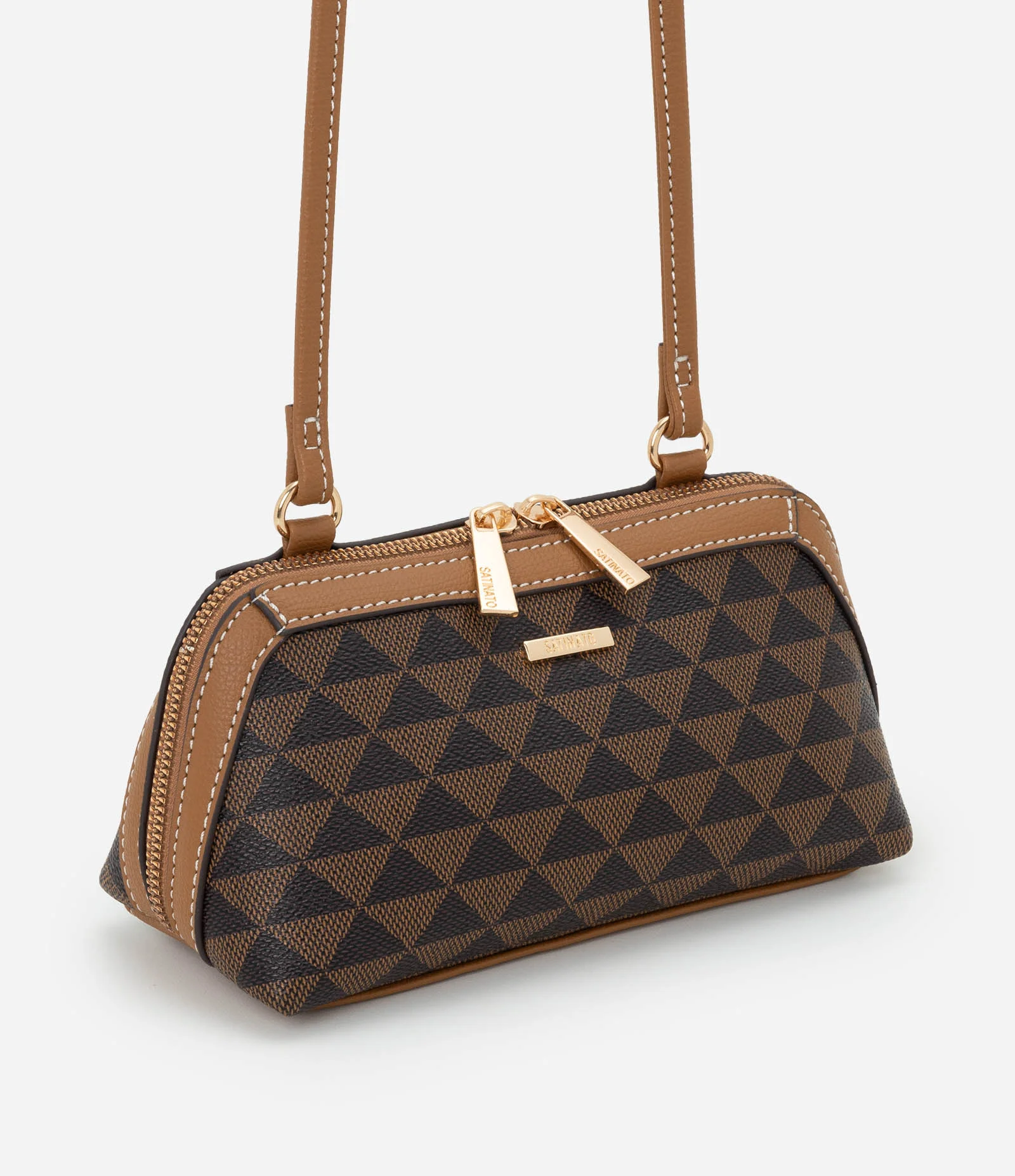 Bolsa Baguete em PU com Estampa em Triângulo Marrom 1