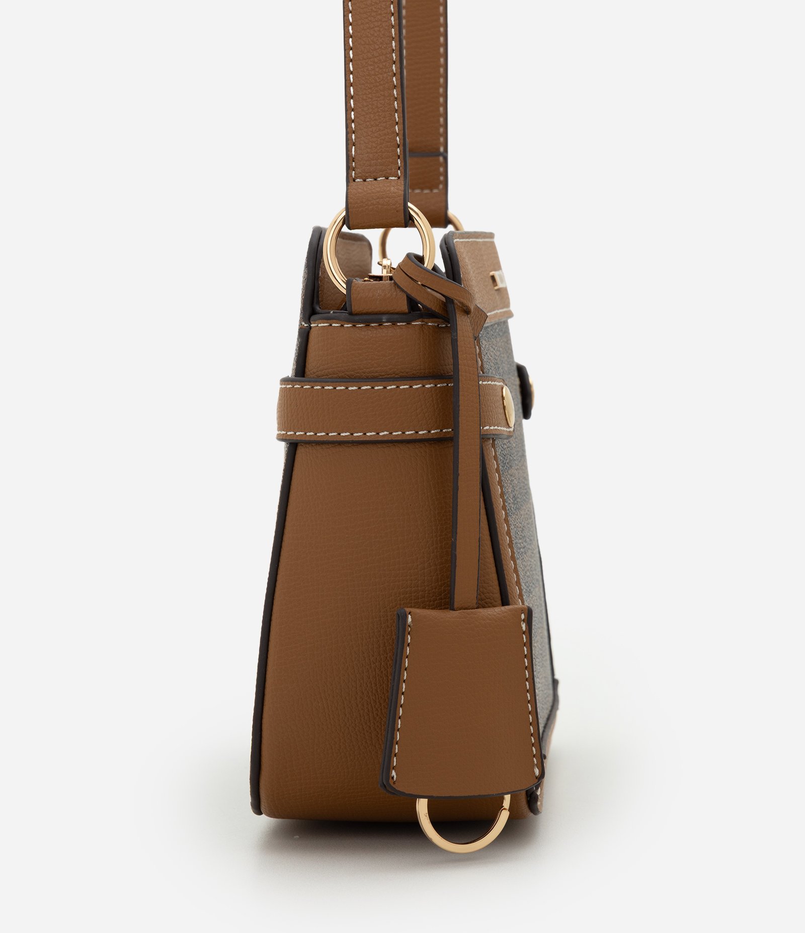 Bolsa Postman Média em PU com Estampa de Triângulos Marrom 2