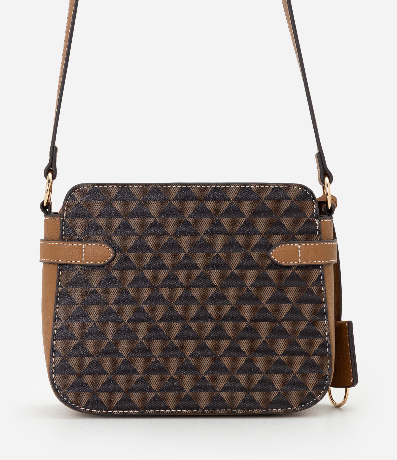 Bolsa Postman Média em PU com Estampa de Triângulos Marrom 3