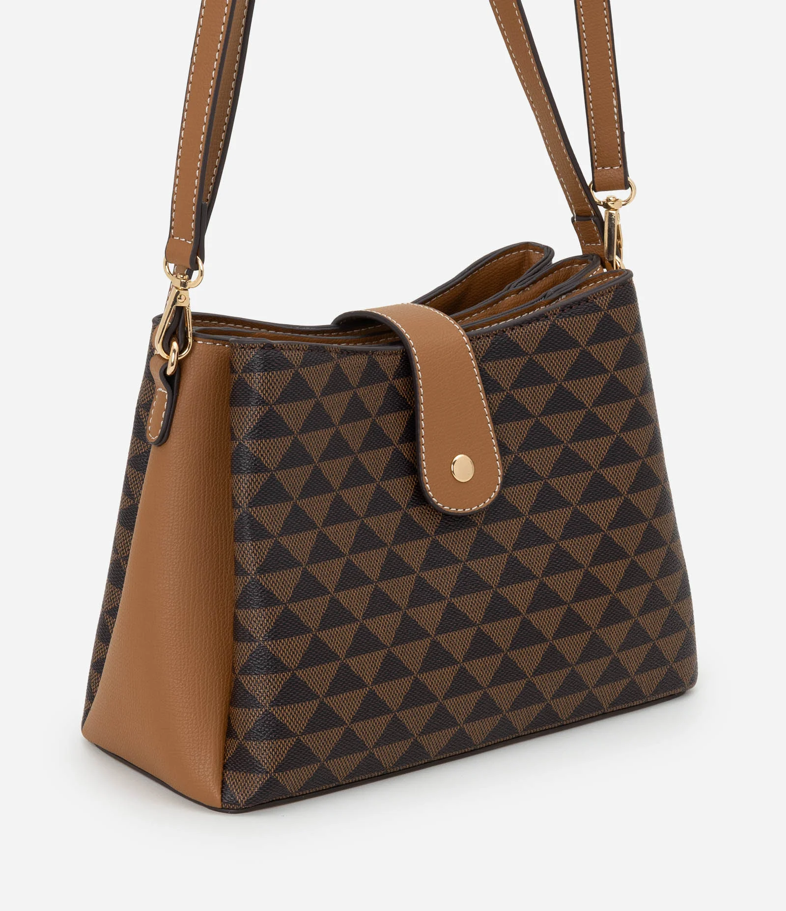 Bolsa Shoulder em PU com Estampa de Triângulos Marrom 1