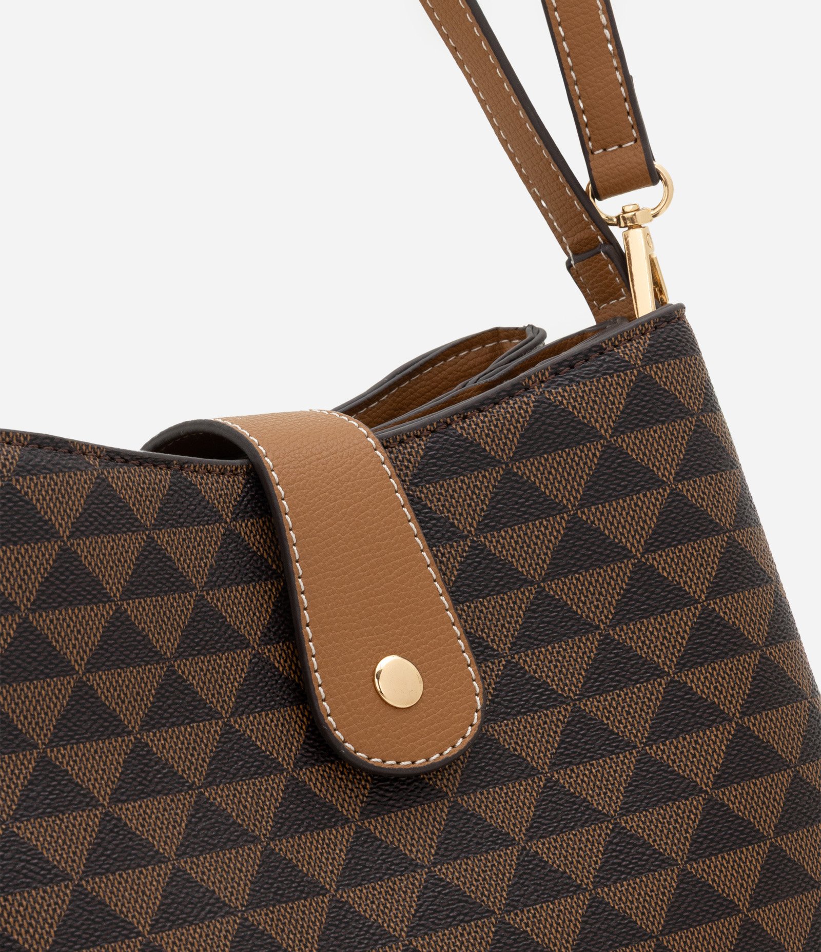 Bolsa Shoulder em PU com Estampa de Triângulos Marrom 2