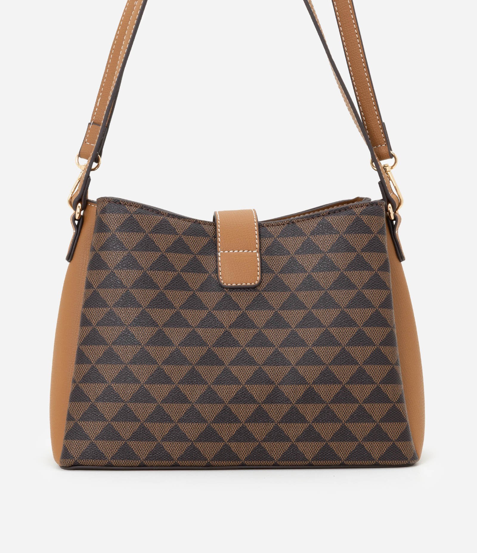 Bolsa Shoulder em PU com Estampa de Triângulos Marrom 4