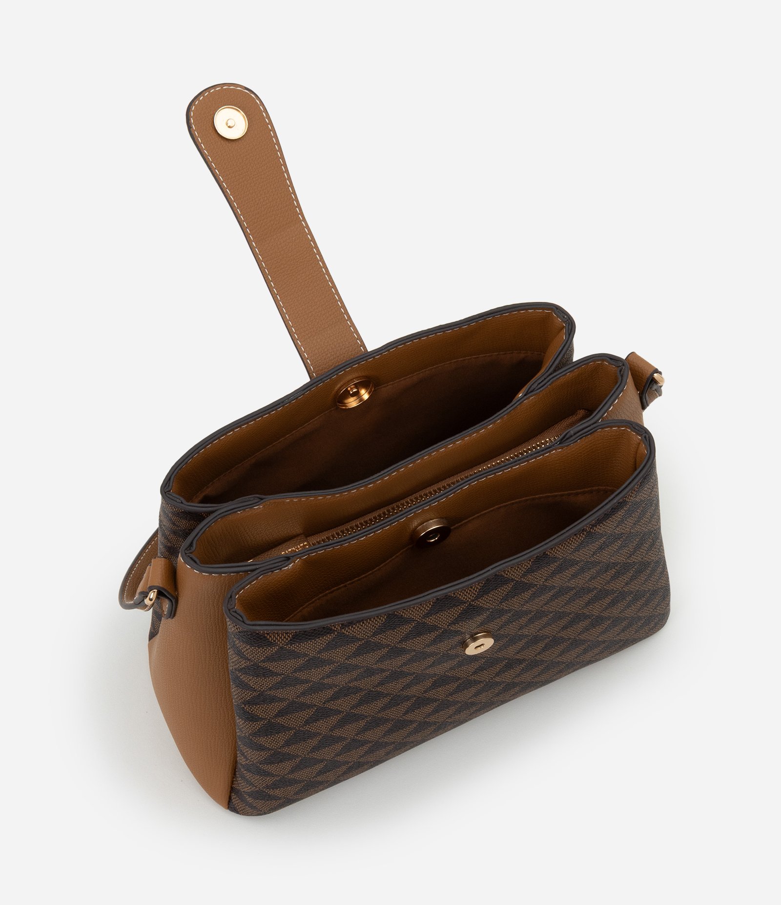 Bolsa Shoulder em PU com Estampa de Triângulos Marrom 5