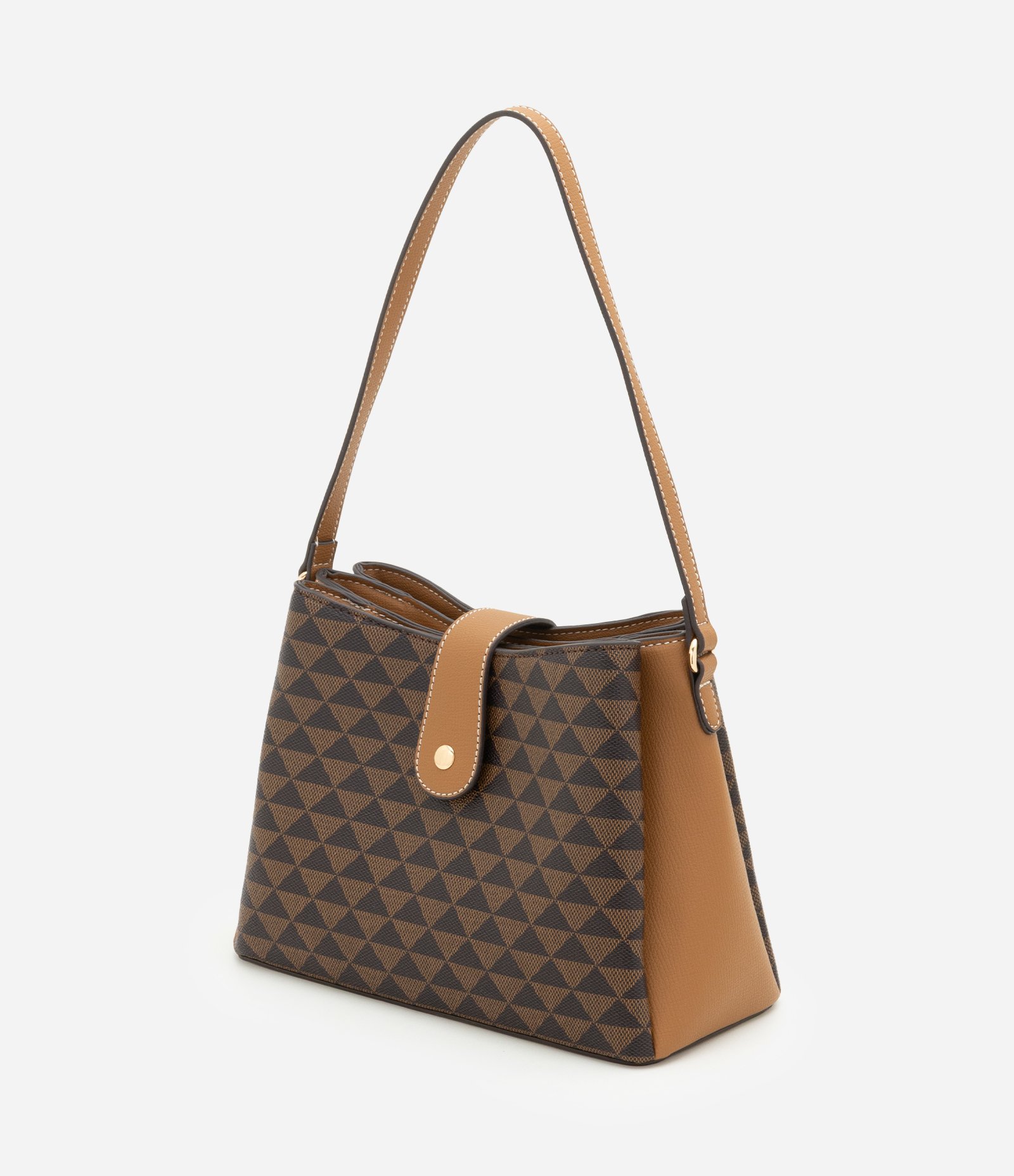 Bolsa Shoulder em PU com Estampa de Triângulos Marrom 6