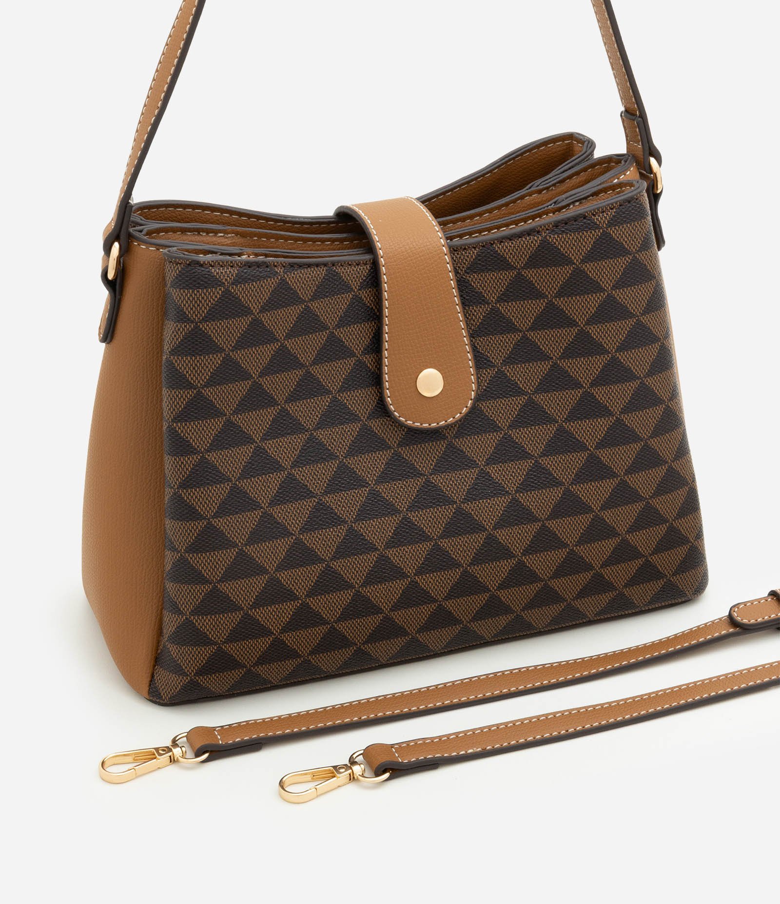 Bolsa Shoulder em PU com Estampa de Triângulos Marrom 7