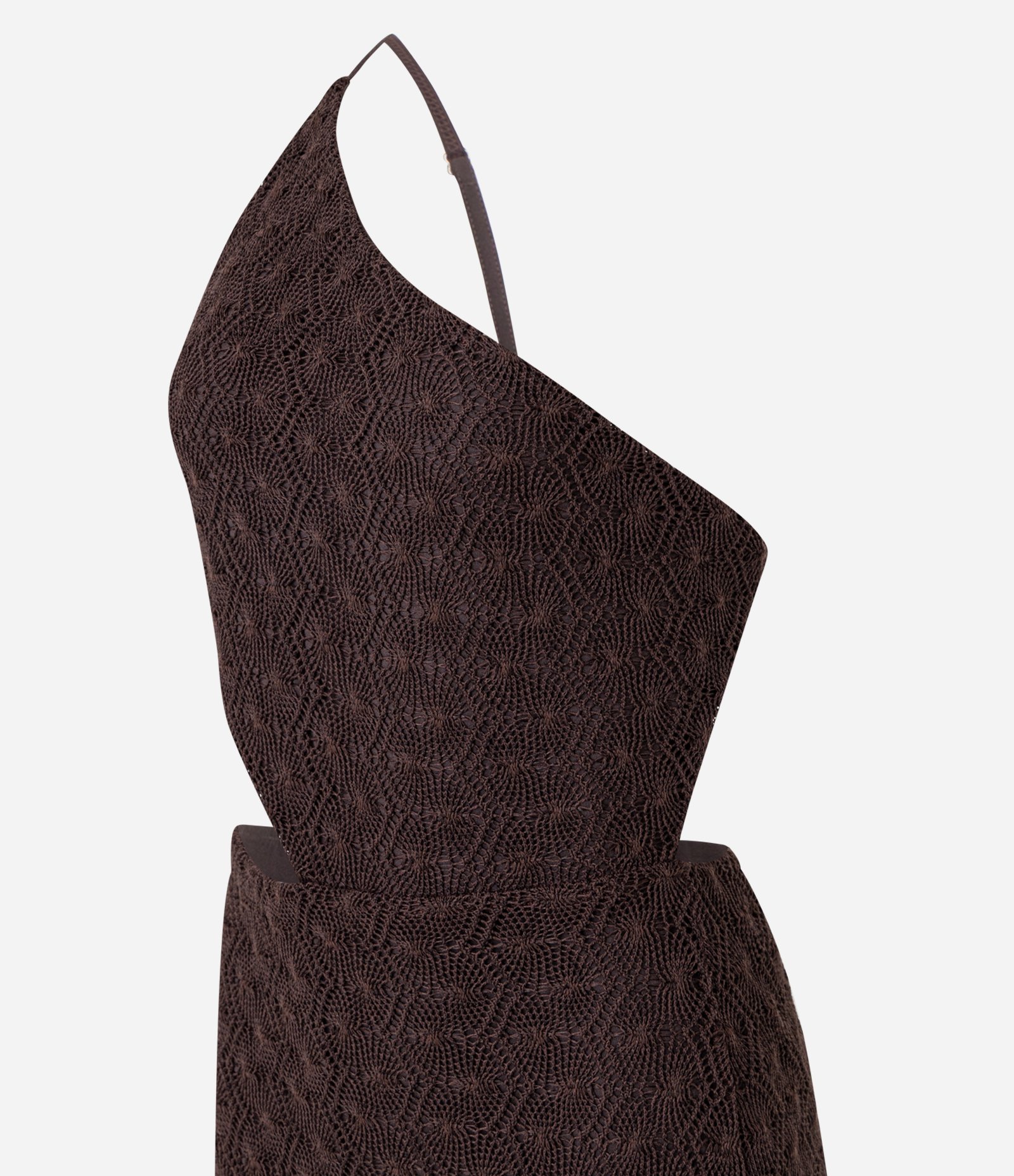 Vestido New Midi em Renda com Ombro Só e Sobreposição Marrom 7