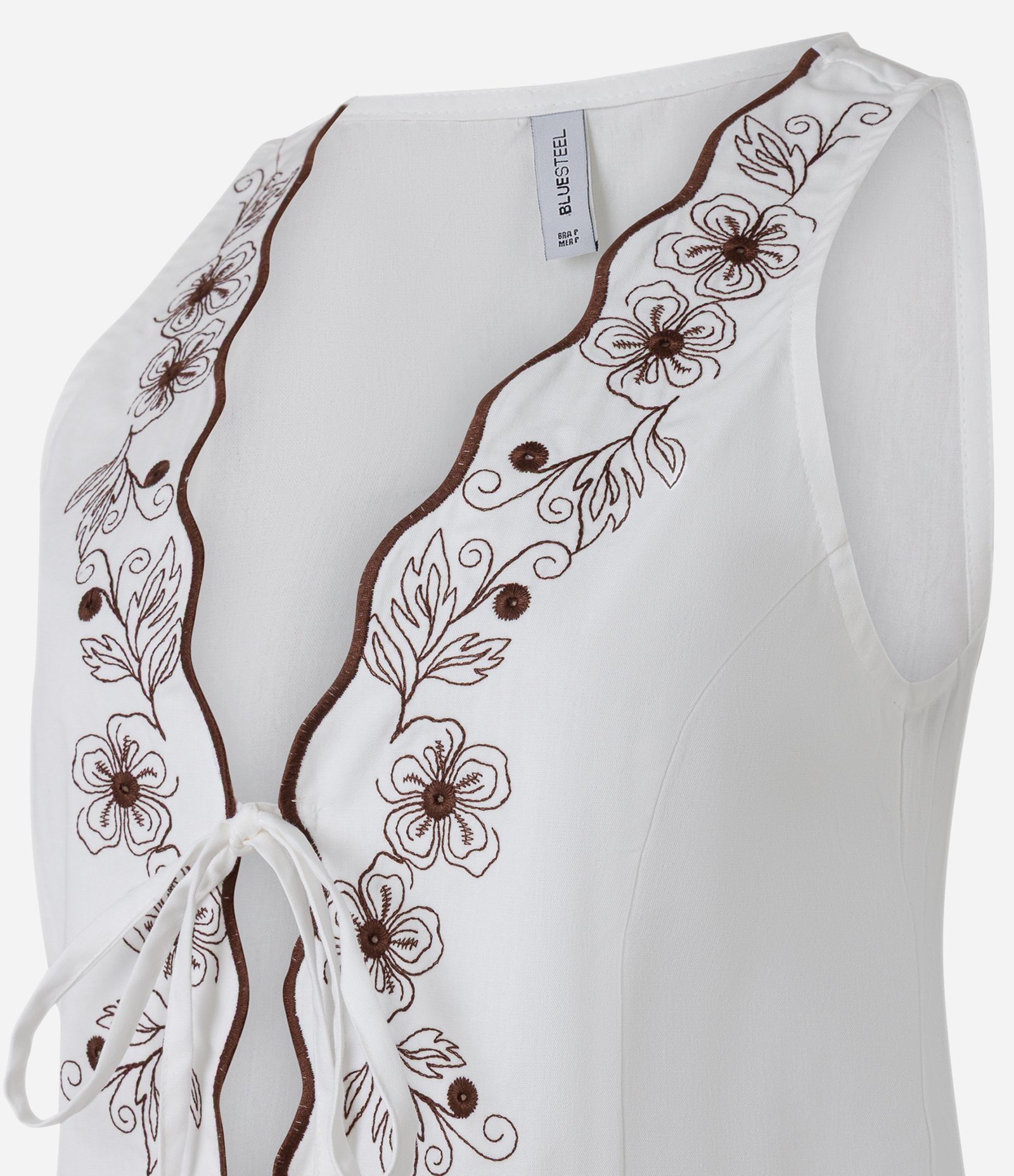 Colete em Tricoline com Bordado Floral e Amarração Frontal Branco 7