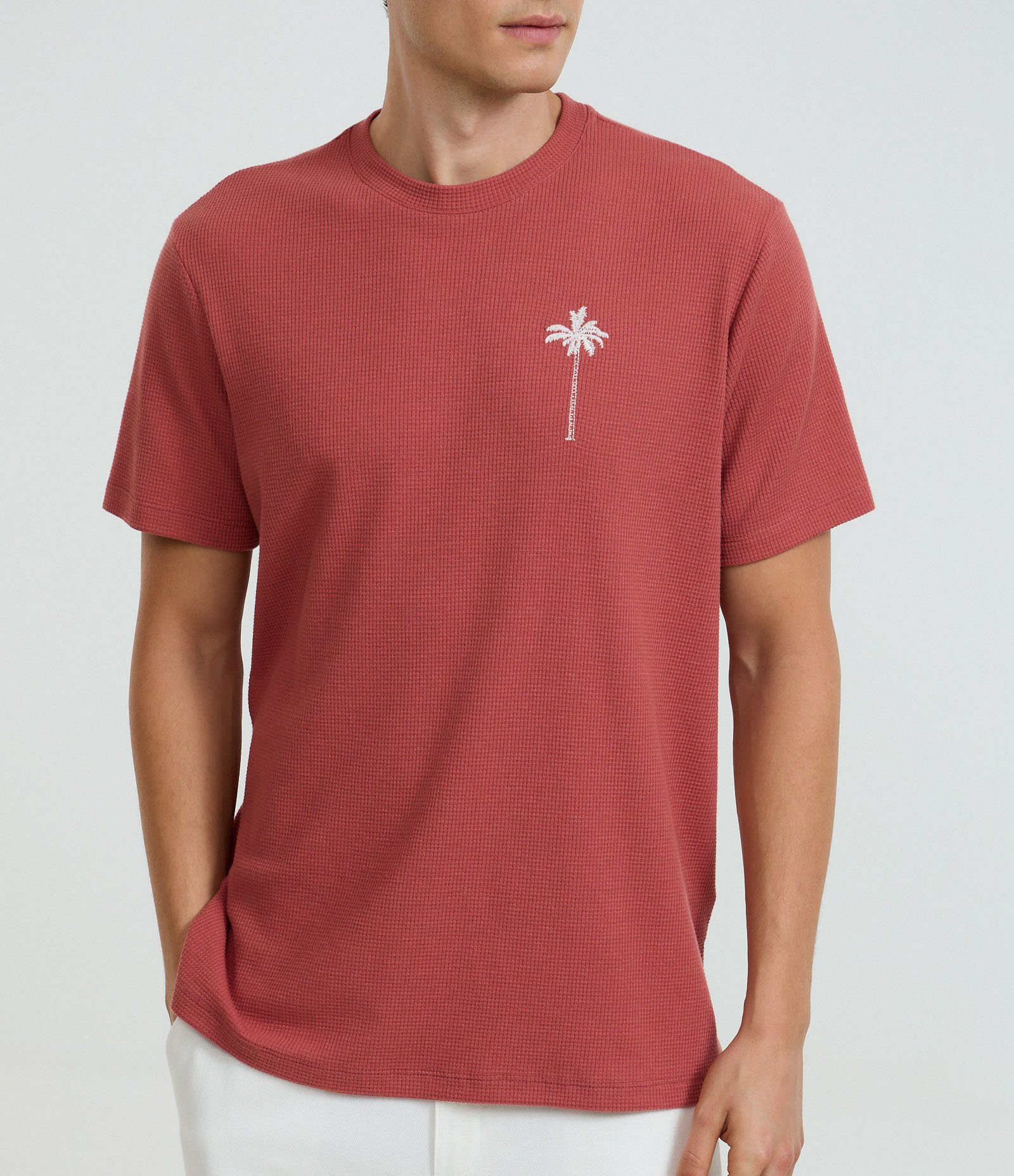 Camiseta Regular em Algodão com Textura e Bordado Vintage Forest Vermelho 3