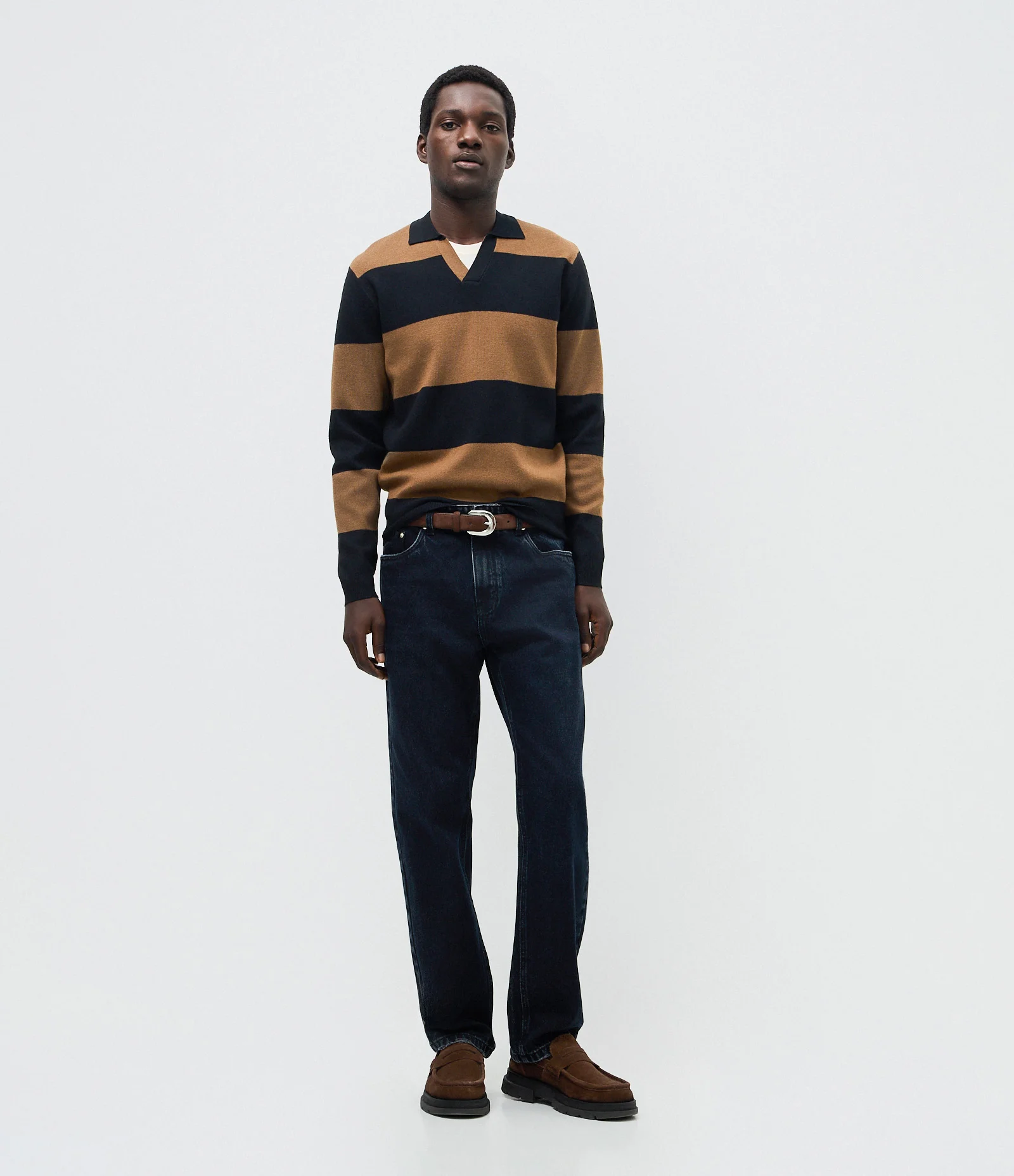 Suéter Listrado em Tricô com Gola Polo Preto 2