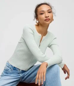 Cardigan em Tricô com Zíper Duplo e Gola Redonda