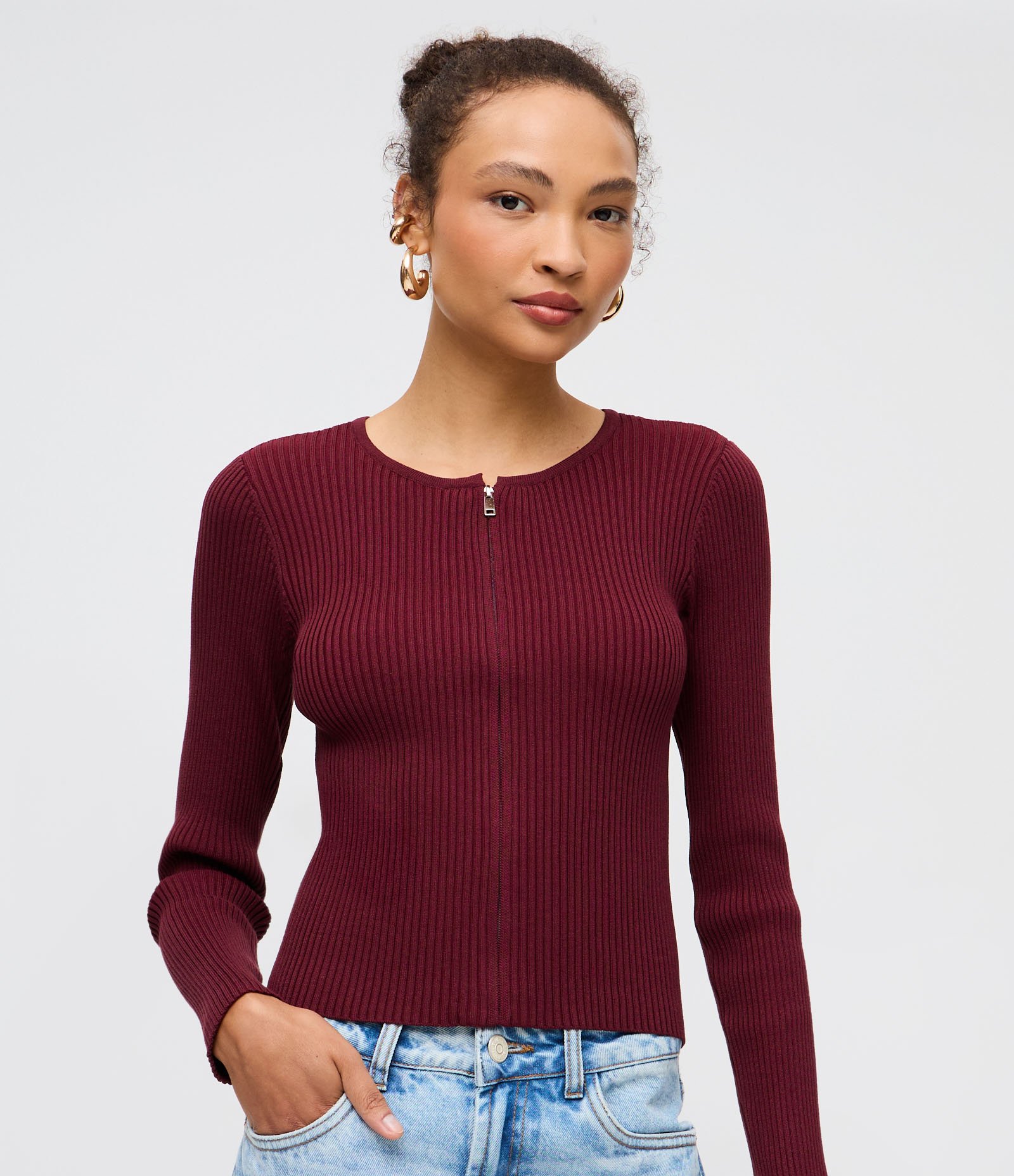 Cardigan em Tricô com Zíper Duplo e Gola Redonda Vermelho 1