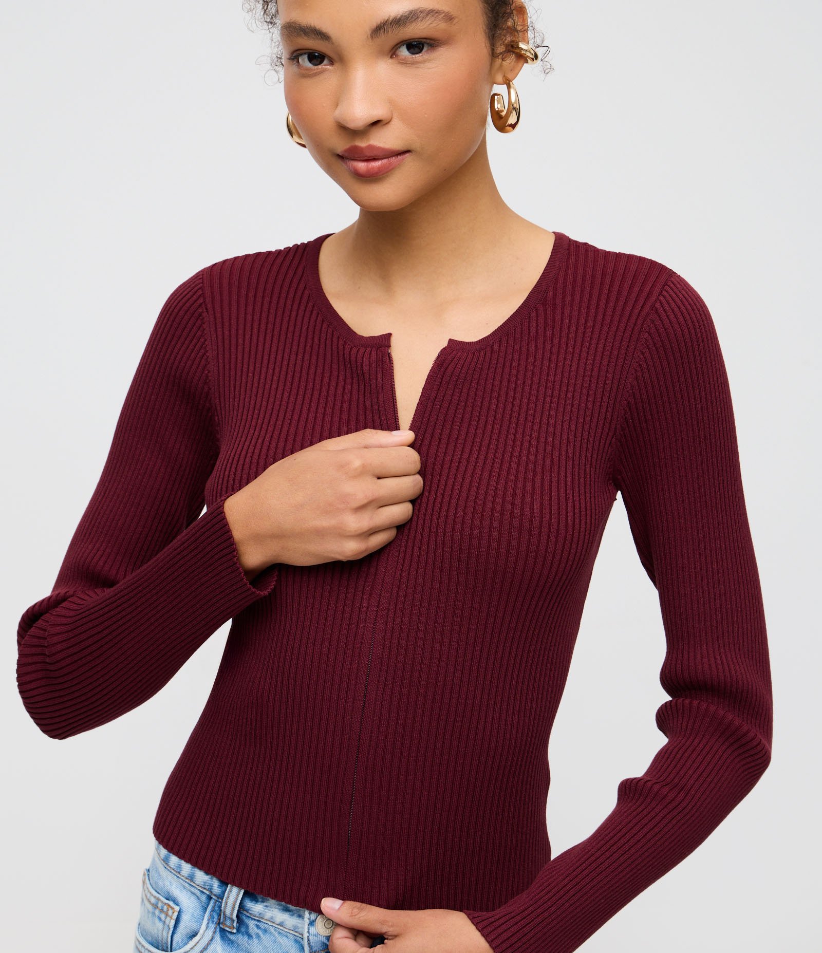 Cardigan em Tricô com Zíper Duplo e Gola Redonda Vermelho 3