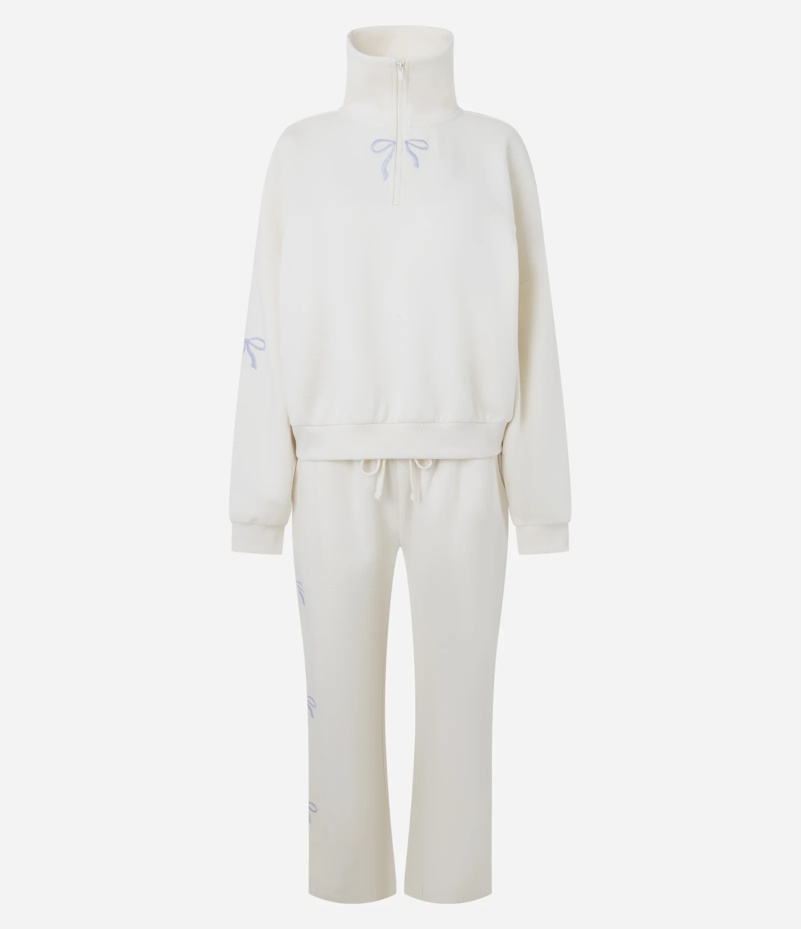 Pijama Longo em Moletom com Bordado de Laços Bege 1