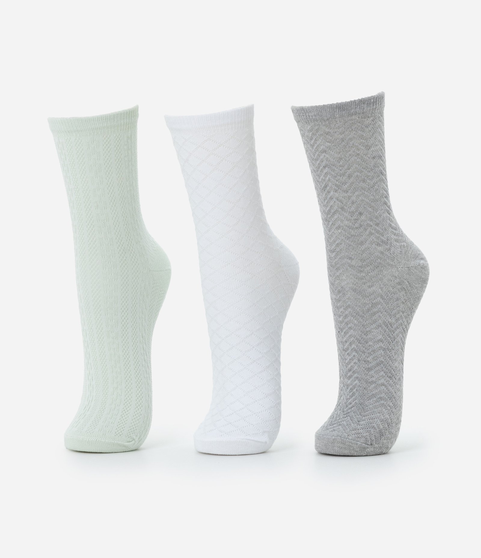 Kit 03 Meias Cano Médio em Algodão Texturizado Verde/Off White/Cinza 1
