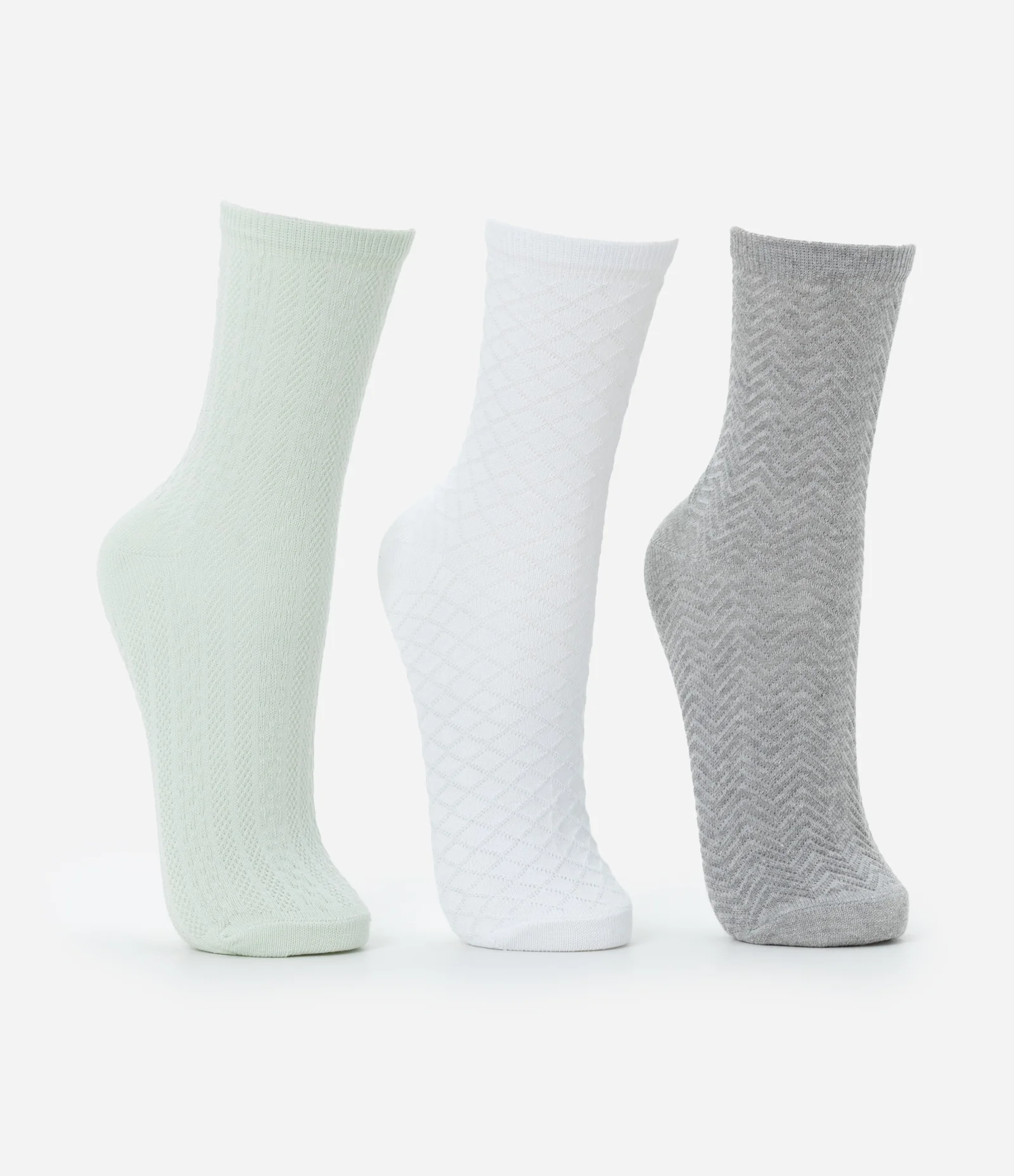 Kit 03 Meias Cano Médio em Algodão Texturizado Verde/Off White/Cinza 2
