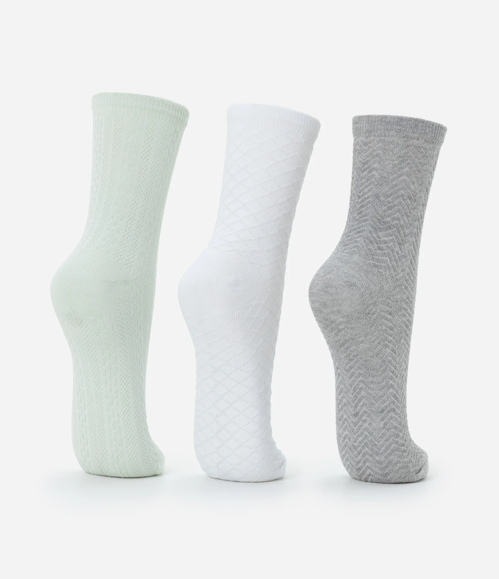 Kit 03 Meias Cano Médio em Algodão Texturizado Verde/Off White/Cinza 3