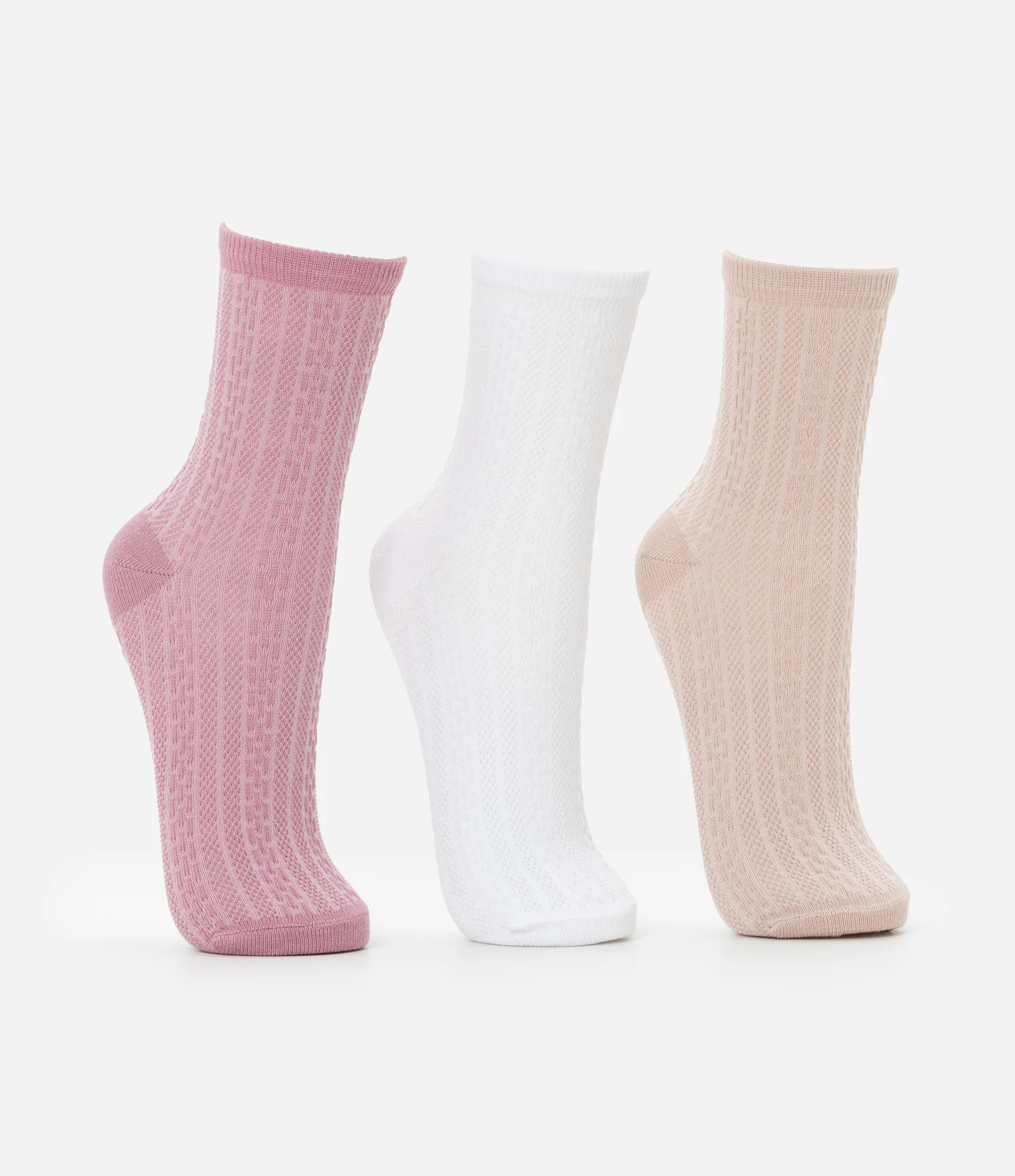 Kit 03 Meias Cano Médio em Algodão Texturizado Rosa/Branco/Rose 2