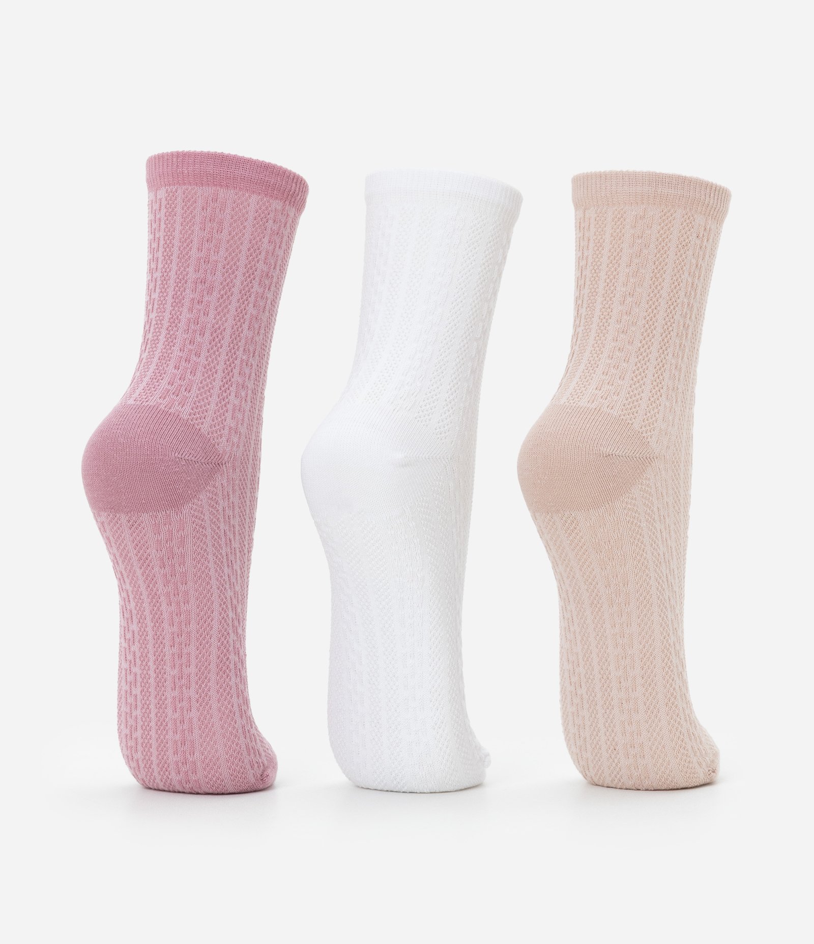 Kit 03 Meias Cano Médio em Algodão Texturizado Rosa/Branco/Rose 3