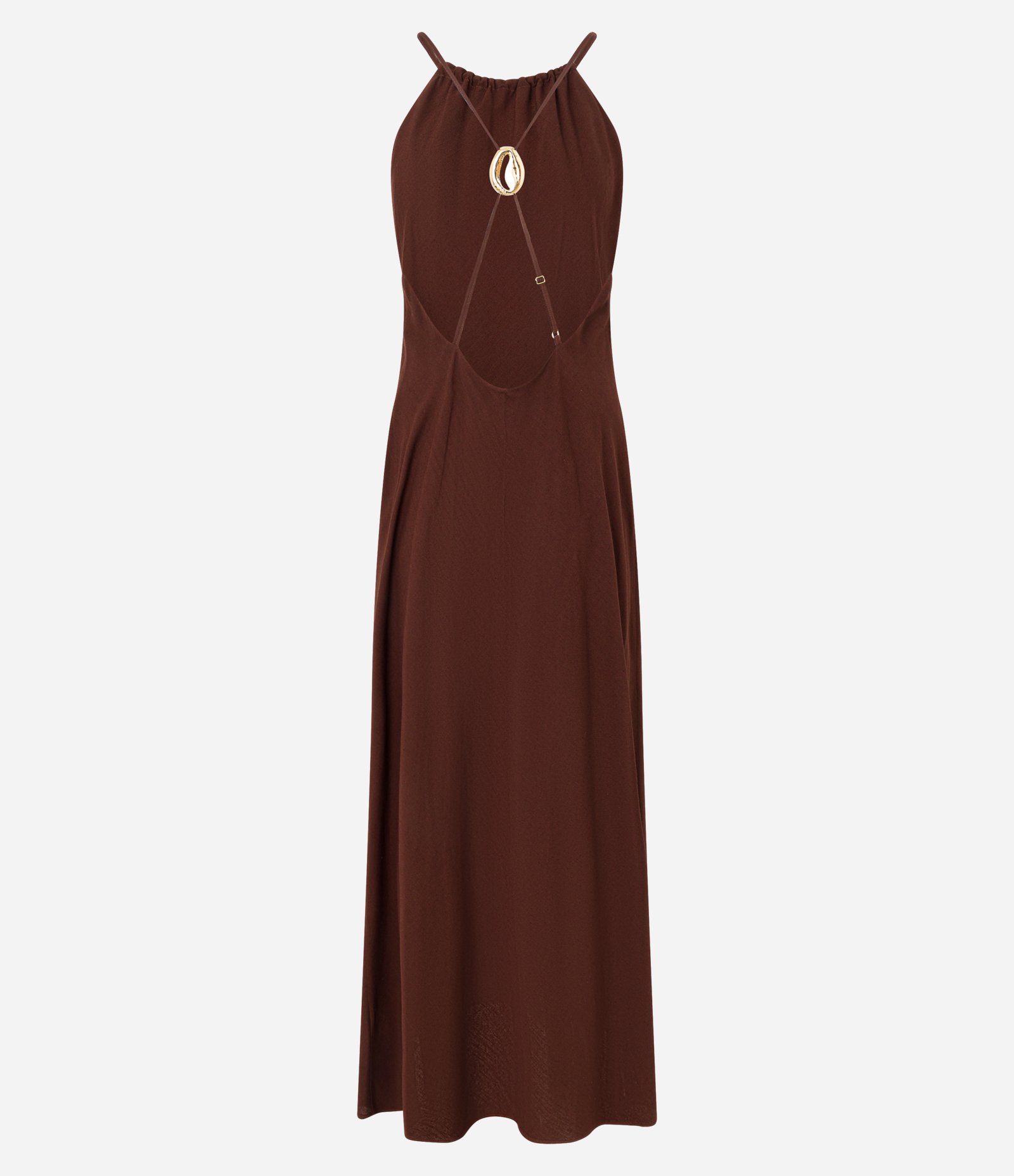 Vestido Longo em Viscolinho com Aviamento nas Costas Marrom 8